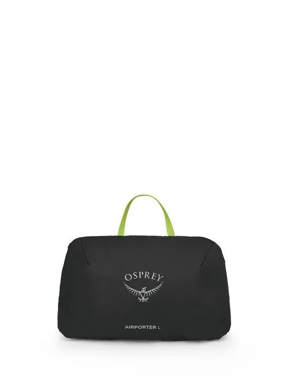 Load image into Gallery viewer, Osprey Airporter L travel bag in black with a lime green top handle and a white printed logo on the front, set against a plain white background.

